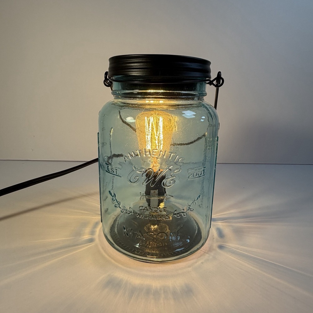 IllumiScents Aqua Mason Jar Wax Warmer Farmhouse Edison Bulb Blue Glass